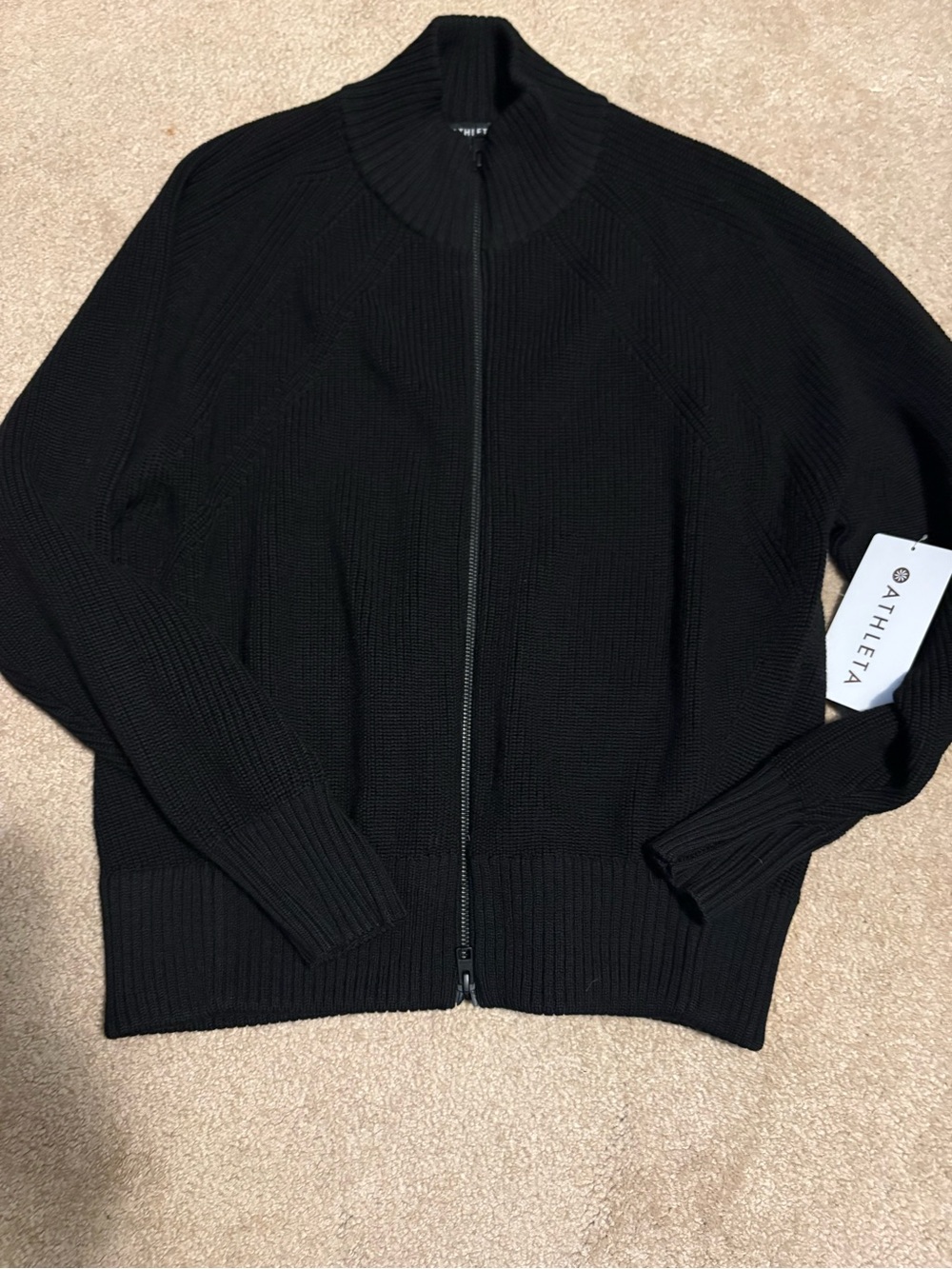 Athleta Black Women's Zip-Up Ribbed Knit Sweater